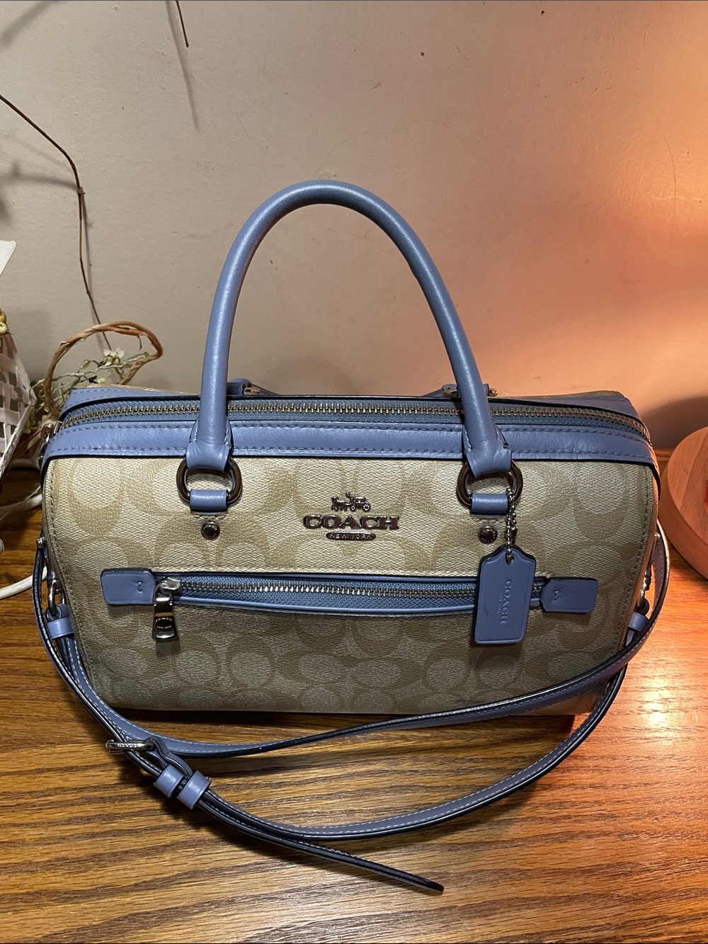 Coach Tan Signature Canvas Rawan Satchel with blue Trim